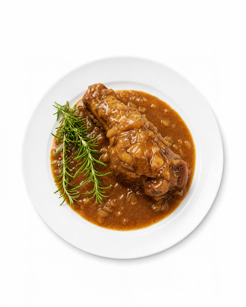jarret d'agneau sauce demi-glace, vin rouge & romarin