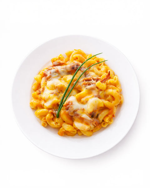Mac and cheese, courge musquée & porc effiloché