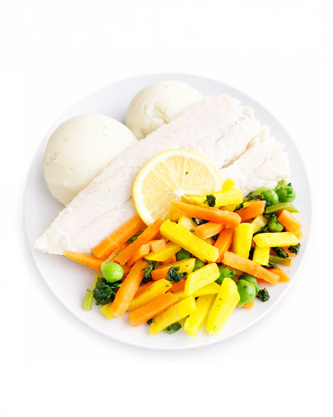Morue au citron, macédoine & purée de pommes de terre