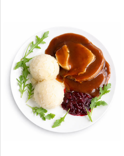 Poitrine de dinde en sauce, canneberges & purée