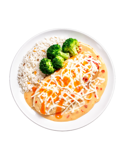 Poulet au coulis de poivrons, fromage & riz 7 grains