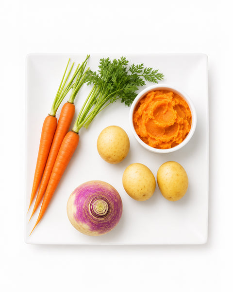 Purée de patates, navets & carottes