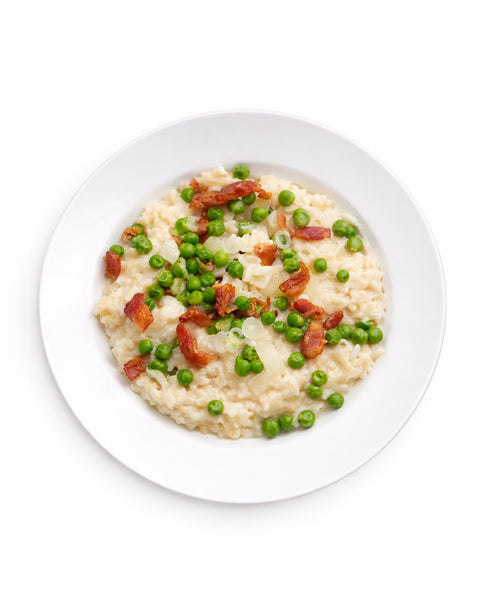 Risotto au bacon, pois verts & oignon