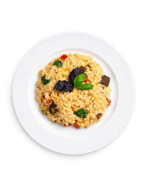 Risotto au pesto de poivrons rôtis & ratatouille
