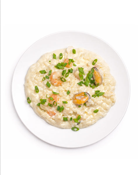 Risotto aux fruits de mer, fromage & au vin blanc
