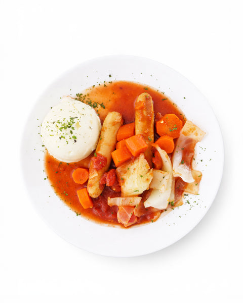 Saucisses créoles, légumes & purée de pommes de terre